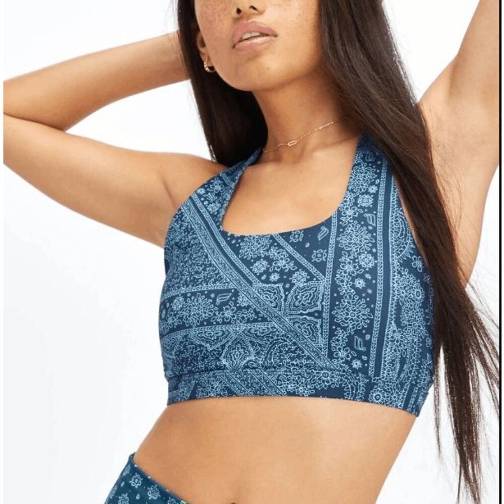 Fabletics Women's Boost Medium Impact Sports Bra Blue Nova Bandana/Tapioca sz La